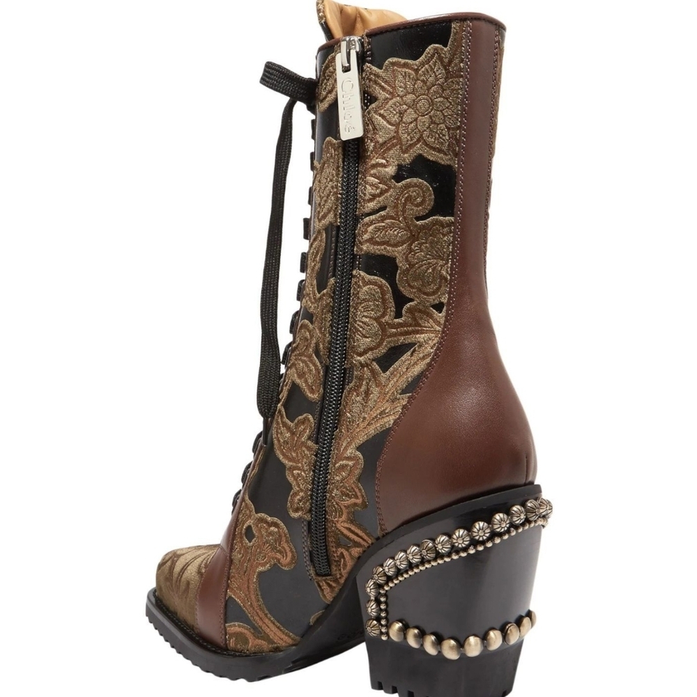 Chloe Rylee Brocade & Leather Black and Brown Lace Up Boots with Gold Embroidery - Picture 6 of 8